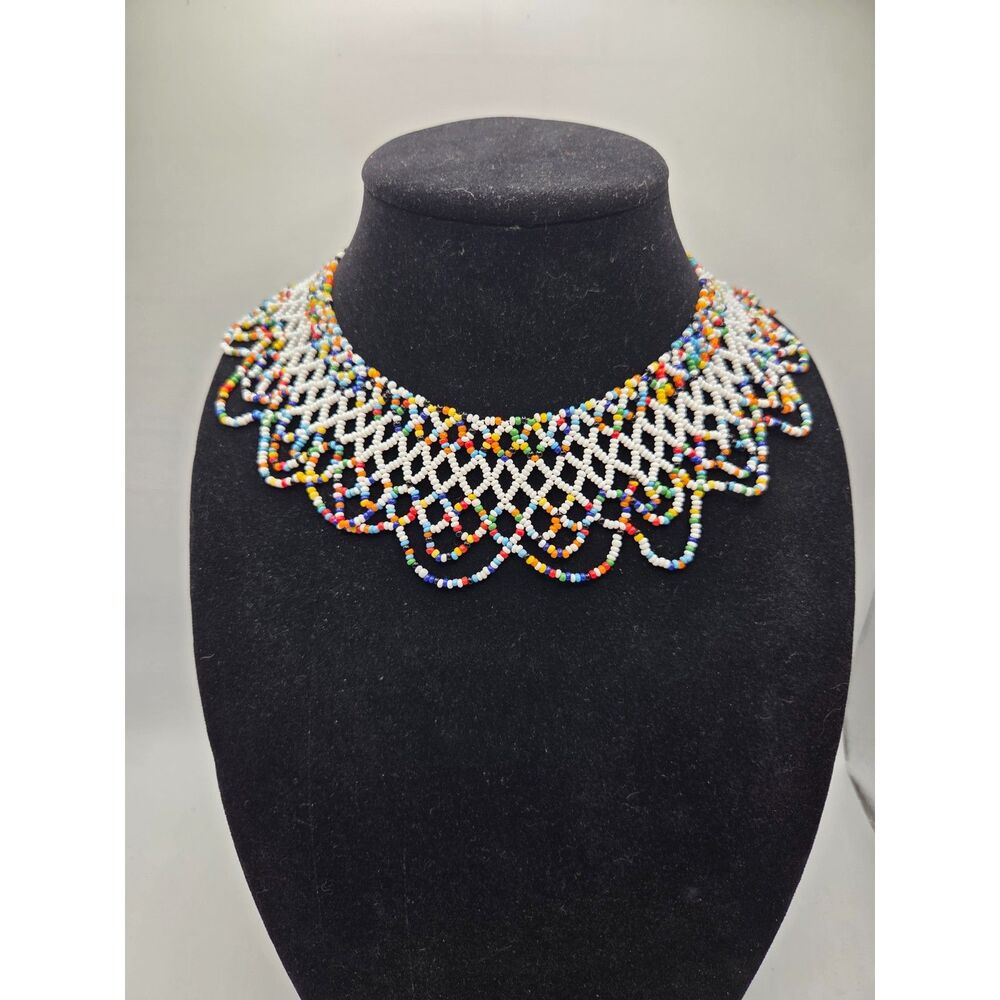 1802. Handcrafted Multicolor Net Pattern Beaded Bib Collar Necklace